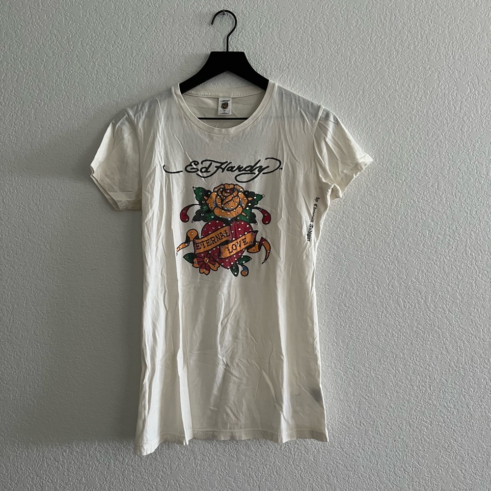Ed Hardy Cream Graphic Cap Sleeve Tee with Swarovski Crystals